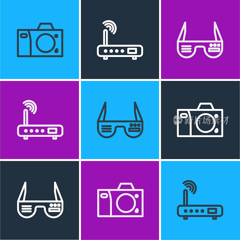 Set line Photo camera, Smart glasses and Router and wi-fi signal icon. Vector
